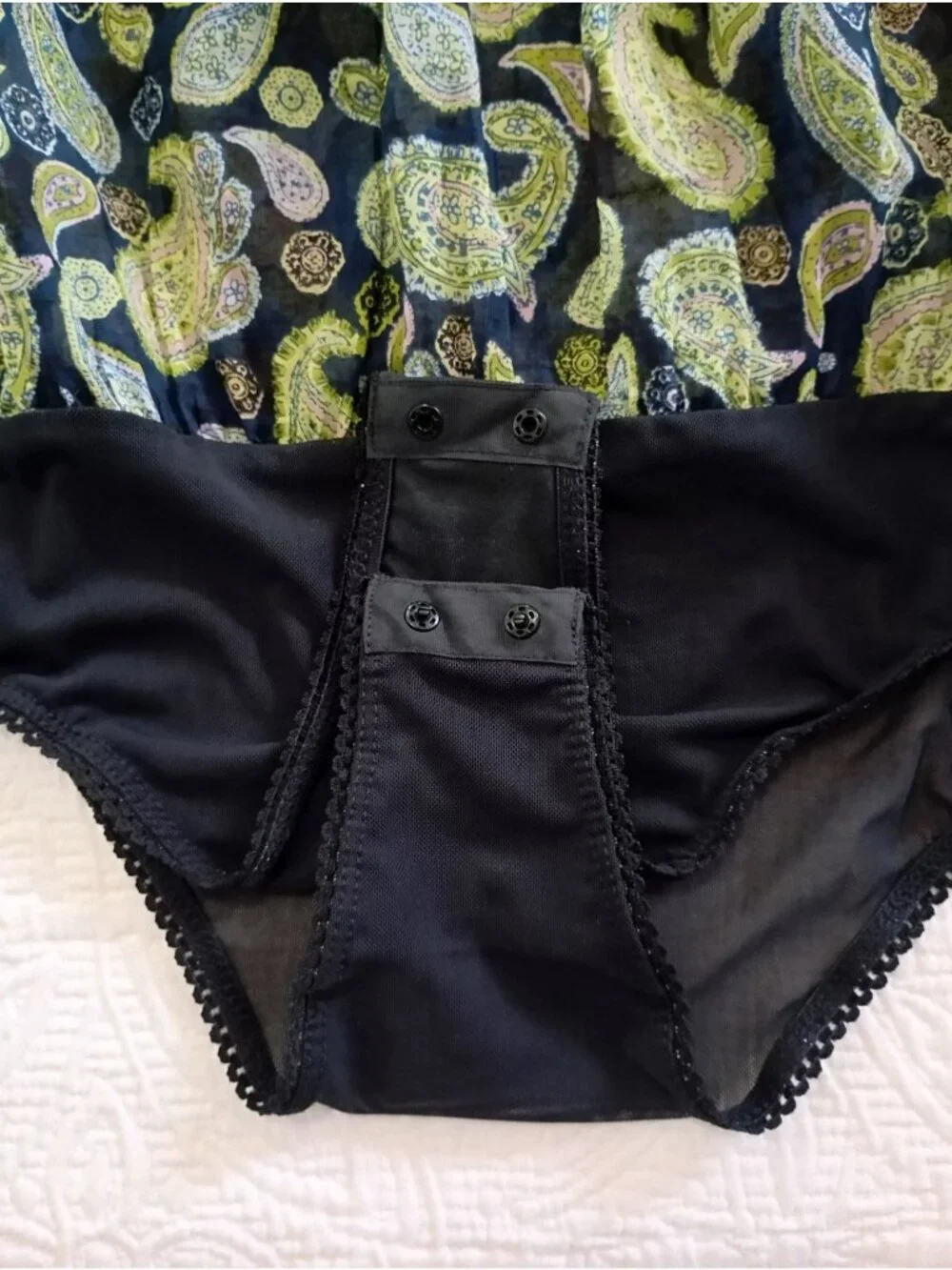 Free People Paisley Print Bodysuit Long Sleeves & Drawstring Cuffs XL Navy Green - Picture 9 of 13